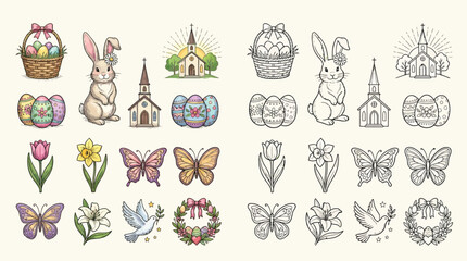 Collection of Easter and Spring themed illustrations including bunnies, eggs, flowers, churches, and baskets.