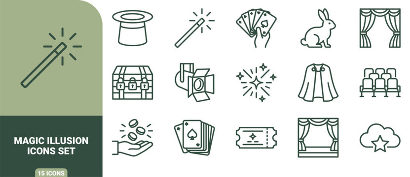 Magic illusion icon set featuring outline of magician hats, wands, playing cards, rabbits, stage curtains, and performance equipment