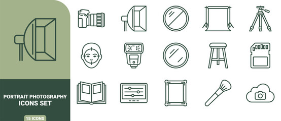 Fototapeta premium Portrait icon set featuring camera, lighting equipment, tripod, memory card, stool, makeup brush, and editing tools in line style