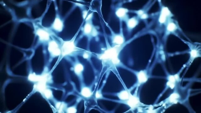 Abstract network of glowing blue neural pathways and synapses pulsing with light, representing communication and brain activity, ideal for technology and science concepts