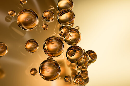 Amber liquid bubbles with cosmetic oil and serum floating in a golden background. Luxury skin, hair and body care essence, collagen concept, 3D render with copy space for premium skin care branding.