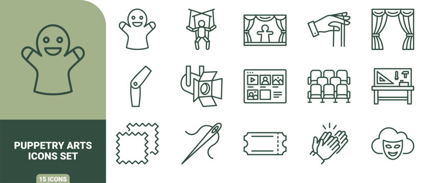 Puppetry arts icon set featuring hand puppets, marionettes, theater stages, curtains, spotlights, sewing tools, tickets, and audience seating