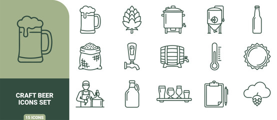 Fototapeta premium Set of 15 craft beer icons featuring brewing equipment, ingredients, glassware, and production processes in dark green line style