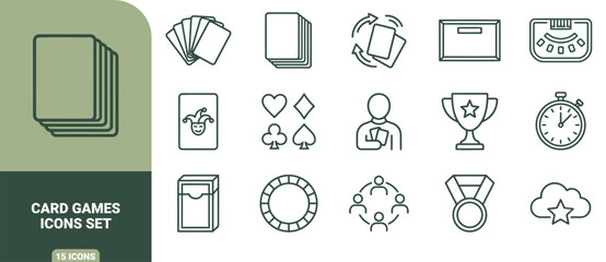 Fototapeta premium Set of 15 linear icons representing card games, casino and gambling, featuring playing cards, poker chips, a dealer, and a trophy