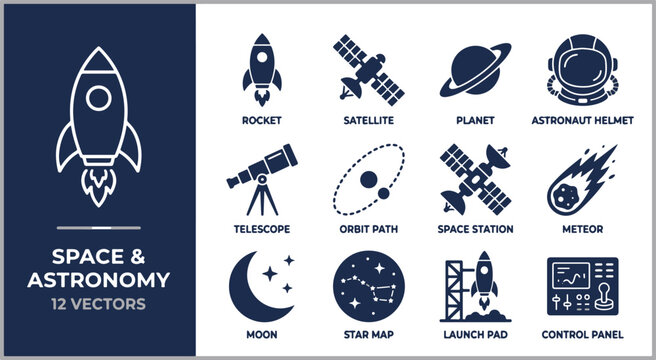 Set of Twelve Detailed Astronomy and Space Exploration Icons Featuring Cosmic Elements and Scientific Equipment for Aerospace Design Projects