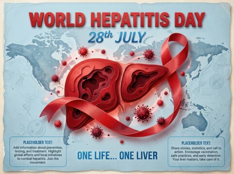 World hepatitis day 28th july awareness poster with liver illustration and virus icons