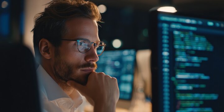 Young male software developer working late at night on multiple computer screens displaying code and programming interfaces in a modern office setting