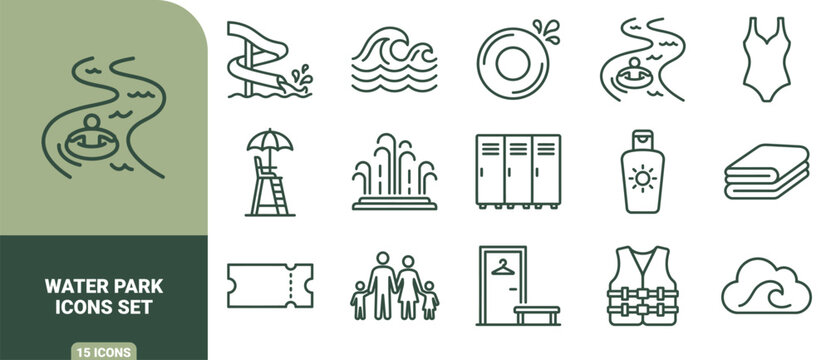 Set of 15 linear water park icons featuring a waterslide, swimming pool, lifeguard chair, lockers, sunscreen, life vest, and family symbols