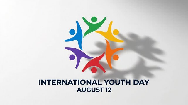 Animated International Youth Day logo with colorful people and rotating shadows on white background.