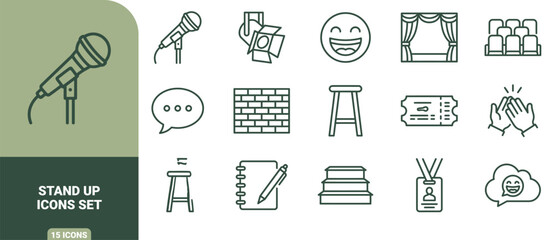 Fototapeta premium Stand-up comedy icon set featuring microphone on stand, stage curtains, brick wall, stool, ticket, laughing emoji, and audience seating symbols