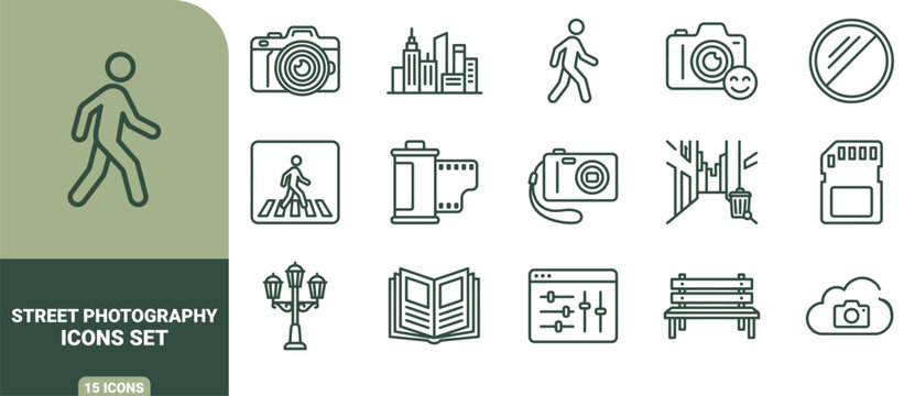 Street icon set featuring linear symbols of cameras, city landscapes, rolls, memory cards, park benches, and urban street