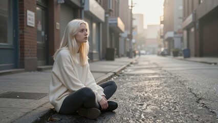 Fototapeta premium A solitary blonde woman sits cross-legged on a wet urban sidewalk, gazing pensively down the empty street with an expression of loneliness and contemplation.