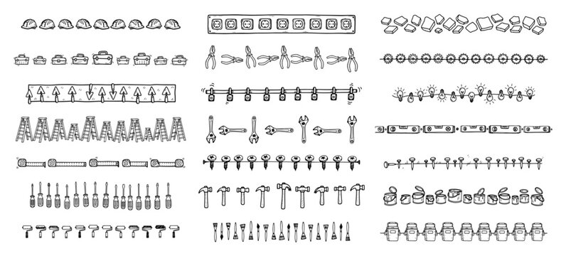 Construction tools and hardware border elements in hand drawn doodle style