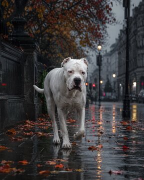 dogo argentino walking on the city street