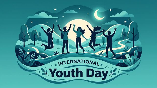 Animated illustration of diverse youth celebrating International Youth Day under a night sky