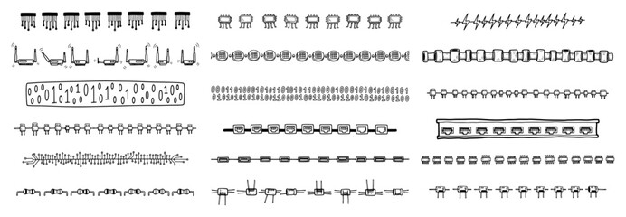 Fototapeta premium Electronic components and hardware parts forming horizontal decorative borders in hand drawn doodle style
