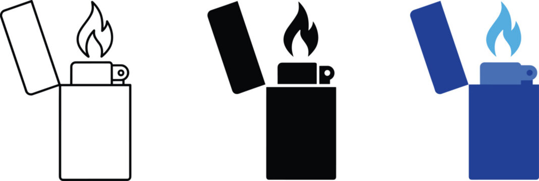 Stylized lighter icons with flame in outline, silhouette, and colored variations