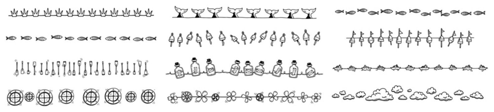 Nautical and marine life seamless borders with whale tails fish and message in a bottle in hand drawn doodle style