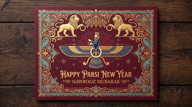 Happy Parsi New Year Nowrooz Mubarak with Faravahar symbol and traditional Persian design.