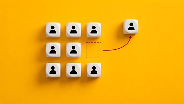 White cubes with human icons on yellow background where one figure moves out of the group representing promotion or leaving