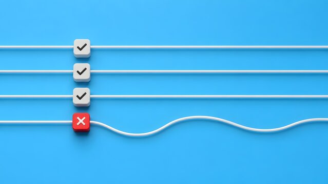 3D checklist on blue background showing a red block with a white cross and distorted line representing deviation mistake or quality assurance failure