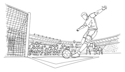Football player shooting ball into goal at big stadium in continuous line drawing style © Aisha Kudorova