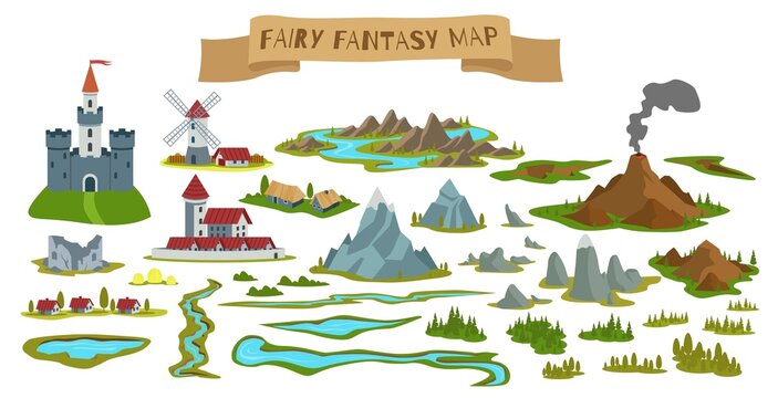 Fantasy map constructor. Castles and villages, mountains or volcano rocks, forests, rivers and lakes, fairytale landscape elements for game adventure qualitative vector cartoon isolated set