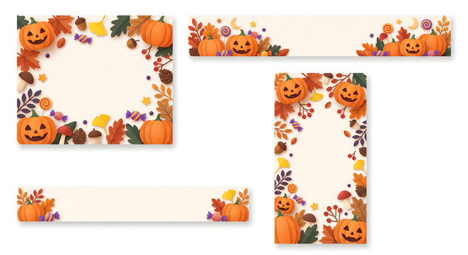  ハロウィンの秋のセールや広告用背景バナーイラスト、カボチャとお化けのキャラクターと広いコピースペース