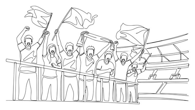 Excited group of fans waving flags at stadium railing in continuous line art style
