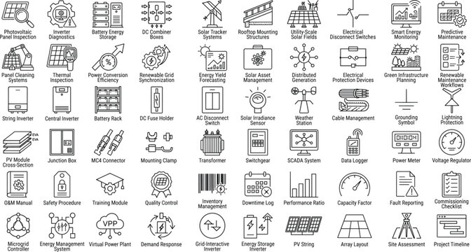 Solar energy and photovoltaic technology line icons set illustrating renewable power generation, grid integration, monitoring, and maintenance systems