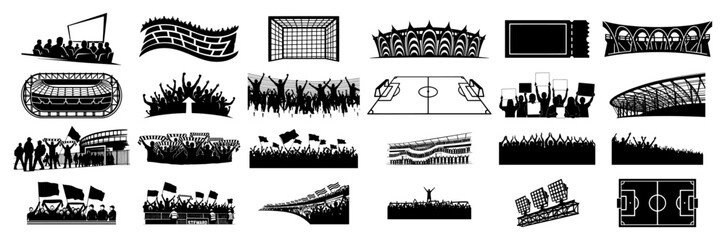 Football stadium icon set including cheering fans goal nets and field diagrams in black silhouette style © Aisha Kudorova
