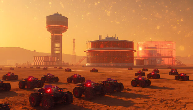 Red Robots Driving on Desert Landscape with Control Tower at Sunset