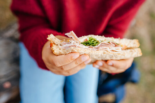 Close up of child holding homemade sandwich with fresh filling
