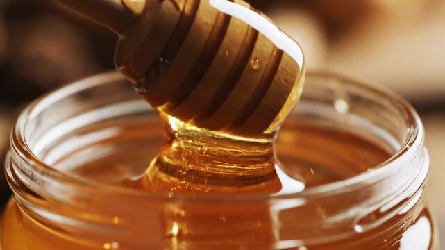 Golden honey dripping from a wooden dipper into a glass jar, viscous liquid, macro shot, warm tones, natural sweetener, food photography