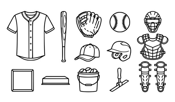 Baseball Gear Outline Vector Icon Set
