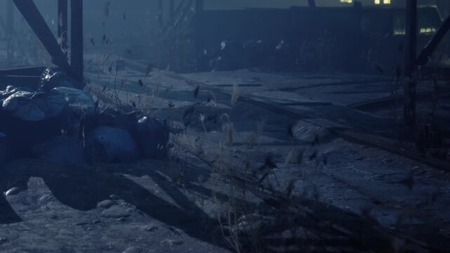 Darkness covers a deserted place where trash lies scattered. Shadows form around the piles and the ground is uneven. Wind moves the debris as night settles in.