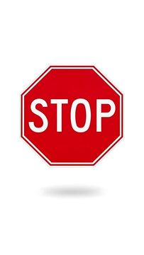 Red Octagonal Stop Sign with White Text Isolated on White Background.