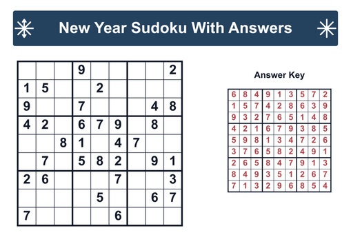 New Year-themed Sudoku puzzle with answer key layout  