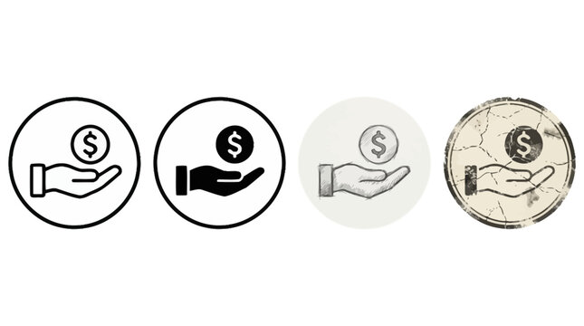 Stylized vector icons of a hand holding a dollar coin, showing five variations in outline, solid, and distressed textures.