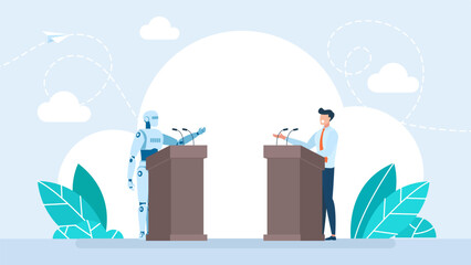 Naklejka premium Robot and business man debating at tribunes with microphones. Artificial intelligence vs human mind competition, technology innovation speech, conference presentation. Vector illustration