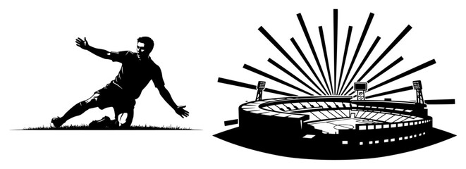 Soccer player celebrating goal and stadium arena with light rays in black silhouette style © Aisha Kudorova