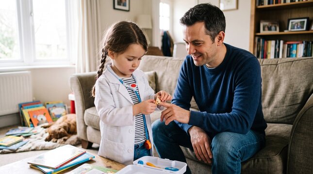 Young girl dressed as doctor applies bandage to her father's finger while playing in living room