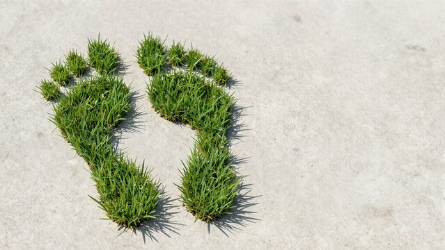 A vibrant green foot-shaped patch of grass growing out of gray concrete symbolizes environmental awareness and sustainable living practices.