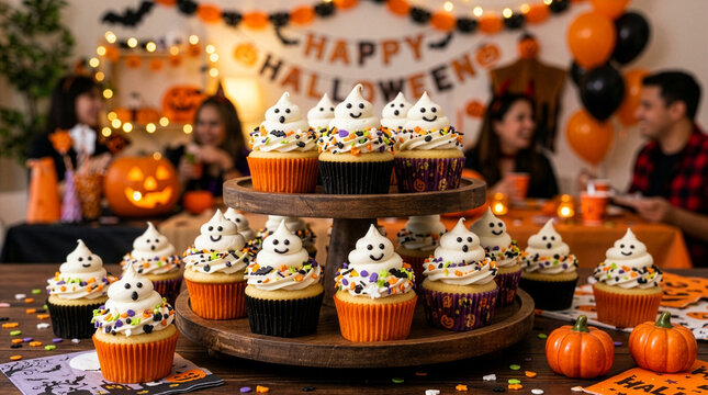 Cute Halloween ghost cupcakes with white icing for party background
