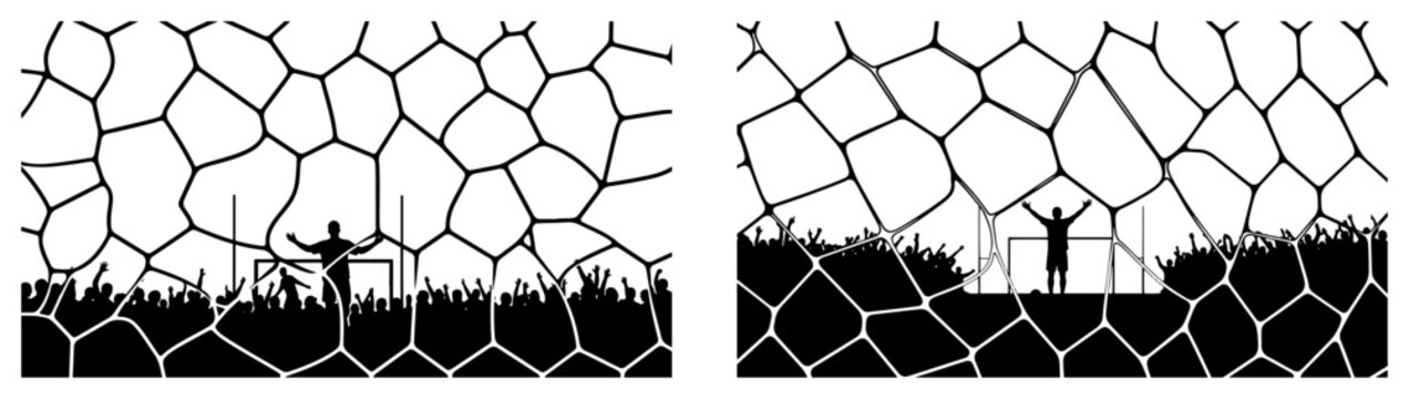 Stadium soccer match celebration through mesh pattern grid in stencil silhouette style