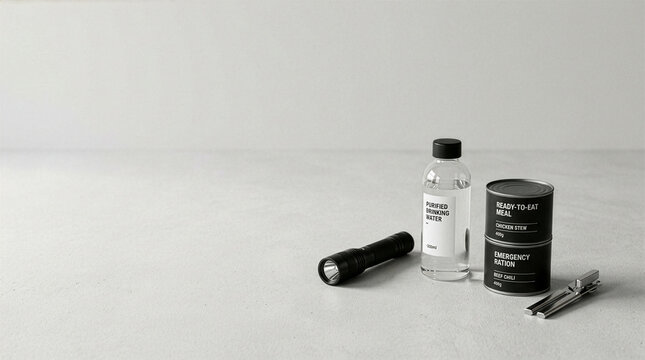 Minimalist emergency kit and disaster prevention items with copy space