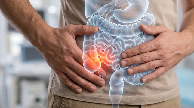 Man Suffering from Appendicitis with Inflamed Appendix Anatomical Overlay