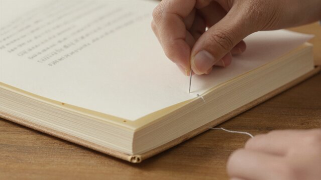 Close-up of hands hand-sewing the spine of an open book, demonstrating traditional binding methods with needle and thread.