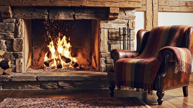 Cozy armchair draped with a colorful striped blanket next to a roaring stone fireplace, warm and inviting atmosphere, perfect for winter comfort and relaxation