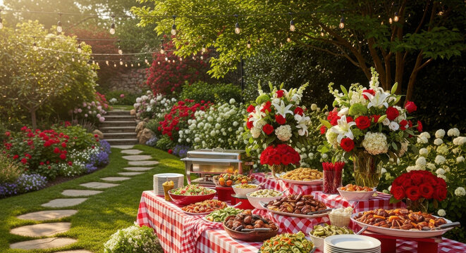 Exquisite Garden Buffet Feast Surrounded By Lush Blooming Flowers And Twinkling Lights